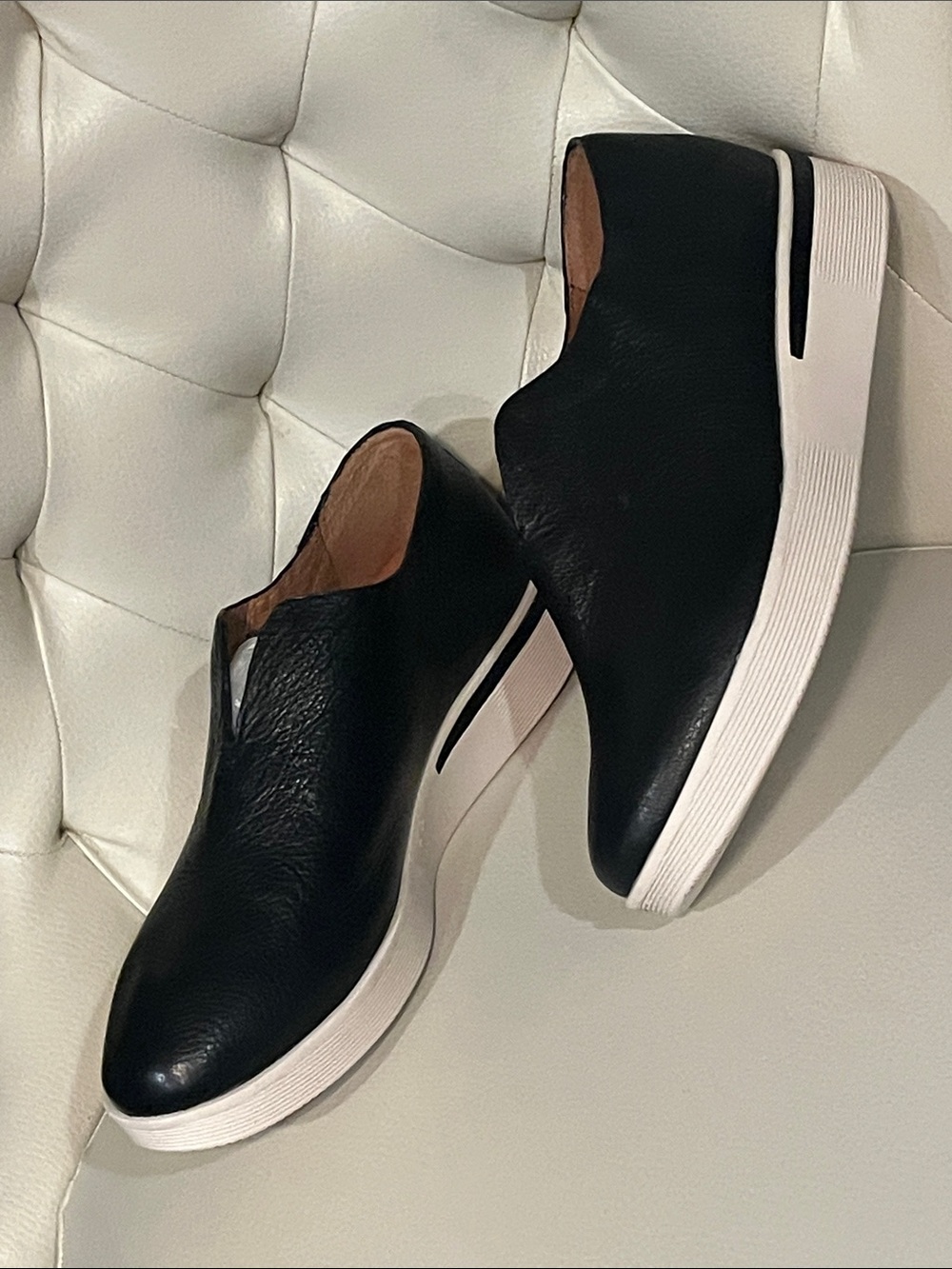 Gentle Souls by Kenneth Cole Black Leather Slip-On Sneakers with White Platform